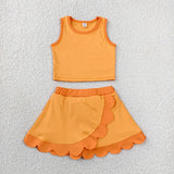 GSD4081 Solid Color Orange Scallop Edge Yoga Girls Skorts Set
