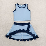 GSD4082 Solid Color Blue Color Scallop Edge Yoga Girls Skorts Set