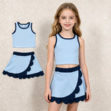 GSD4082 Solid Color Blue Color Scallop Edge Yoga Girls Skorts Set