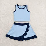 GSD4082 Solid Color Blue Color Scallop Edge Yoga Girls Skorts Set