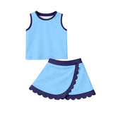 Preorder Samples GSD4082 Solid Color Blue Color Scallop Edge Yoga Girls Skorts Set