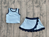 Preorder Samples GSD4082 Solid Color Blue Color Scallop Edge Yoga Girls Skorts Set