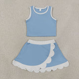 GSD4084 Sky Blue Scallop Edge Yoga Girls Skorts Set