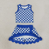 GSD4110 Blue Plaid Scallop Edge Yoga Girls Skorts Set