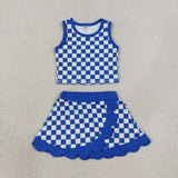 GSD4110 Blue Plaid Scallop Edge Yoga Girls Skorts Set