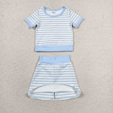 GSD4162 Sky Blue Stripe Yoga Girls Skorts Set