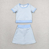 GSD4162 Sky Blue Stripe Yoga Girls Skorts Set