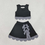 GSD4176 Bows Black Plaid Scallop Edge Yoga Girls Skorts Set