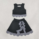GSD4176 Bows Black Plaid Scallop Edge Yoga Girls Skorts Set