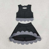 GSD4176 Bows Black Plaid Scallop Edge Yoga Girls Skorts Set