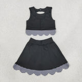 GSD4176 Bows Black Plaid Scallop Edge Yoga Girls Skorts Set
