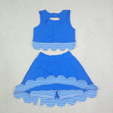 GSD4177 Blue Plaid Scallop Edge Yoga Girls Skorts Set