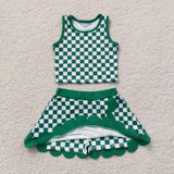 GSD4178 Green Plaid Scallop Edge Yoga Girls Skorts Set