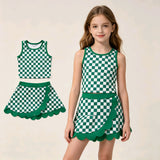 GSD4178 Green Plaid Scallop Edge Yoga Girls Skorts Set