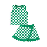 Preorder Samples GSD4178 Green Plaid Scallop Edge Yoga Girls Skorts Set