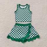 GSD4178 Green Plaid Scallop Edge Yoga Girls Skorts Set
