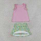 GSD4217 Flower Pink Ruffles Yoga Girls Skorts Set
