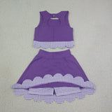 GSD4225 Bows Purple Plaid Scallop Edge Yoga Girls Skorts Set