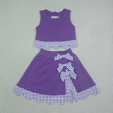 GSD4225 Bows Purple Plaid Scallop Edge Yoga Girls Skorts Set