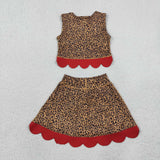 GSD4234 Leopard Red Scallop Edge Yoga Girls Skorts Set