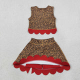 GSD4234 Leopard Red Scallop Edge Yoga Girls Skorts Set