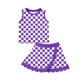 Preorder Samples GSD4251 Purple Plaid Scallop Edge Yoga Girls Skorts Set