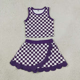 GSD4251 Purple Plaid Scallop Edge Yoga Girls Skorts Set