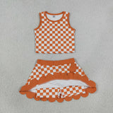 GSD4252 Orange Plaid Scallop Edge Yoga Girls Skorts Set