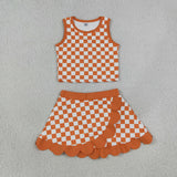 GSD4252 Orange Plaid Scallop Edge Yoga Girls Skorts Set