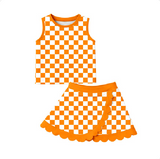Preorder Samples GSD4252 Orange Plaid Scallop Edge Yoga Girls Skorts Set