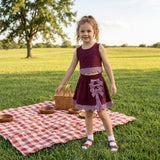 GSD4266 Red Plaid Bows Scallop Edge Yoga Girls Skorts Set