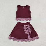 GSD4266 Red Plaid Bows Scallop Edge Yoga Girls Skorts Set