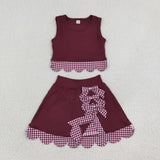 GSD4266 Red Plaid Bows Scallop Edge Yoga Girls Skorts Set