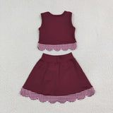 GSD4266 Red Plaid Bows Scallop Edge Yoga Girls Skorts Set