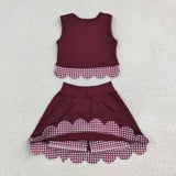 GSD4266 Red Plaid Bows Scallop Edge Yoga Girls Skorts Set