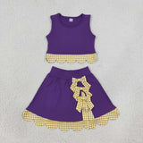 GSD4267 Purple Yellow Plaid Bows Scallop Edge Yoga Girls Skorts Set