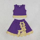 GSD4267 Purple Yellow Plaid Bows Scallop Edge Yoga Girls Skorts Set