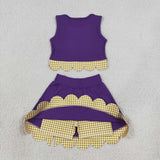 GSD4267 Purple Yellow Plaid Bows Scallop Edge Yoga Girls Skorts Set