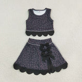 GSD4268 Black Leopard Bows Scallop Edge Yoga Girls Skorts Set