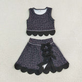 GSD4268 Black Leopard Bows Scallop Edge Yoga Girls Skorts Set
