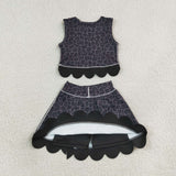 GSD4268 Black Leopard Bows Scallop Edge Yoga Girls Skorts Set