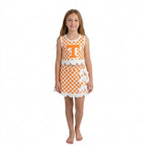 GSD4282 Mascot School Team Orange Plaid Bows Scallop Edge Yoga Girls Skorts Set