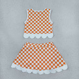 GSD4282 Mascot School Team Orange Plaid Bows Scallop Edge Yoga Girls Skorts Set