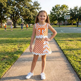 GSD4282 Mascot School Team Orange Plaid Bows Scallop Edge Yoga Girls Skorts Set
