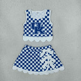 GSD4283 School Team Mascot Plaid Bows Scallop Edge Yoga Girls Skorts Set