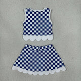 GSD4283 School Team Mascot Plaid Bows Scallop Edge Yoga Girls Skorts Set
