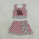 GSD4284 Mascot School Team Plaid Gray Bows Scallop Edge Yoga Girls Skorts Set