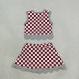GSD4284 Mascot School Team Plaid Gray Bows Scallop Edge Yoga Girls Skorts Set
