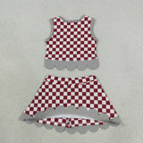 GSD4284 Mascot School Team Plaid Gray Bows Scallop Edge Yoga Girls Skorts Set