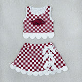 GSD4286 Mascot School Team Dark Red Plaid Bows Scallop Edge Yoga Girls Skorts Set